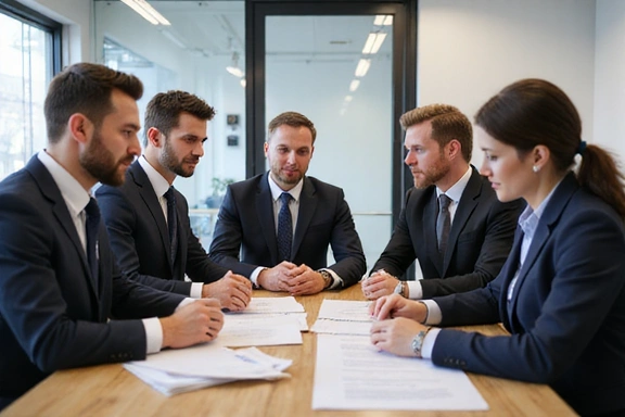 Team discussing legal documents in modern office