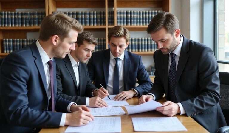Legal team reviewing documents in a law office